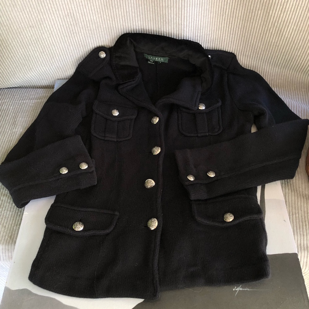 Ralph Lauren LRL 100% Cotton black Double breasted sweater Blazer chunky knit